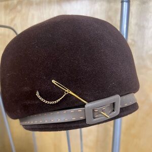 Vintage Mod Hat Italy Adolfo II Brown Grey Leather Trim w Buckle c 1960s